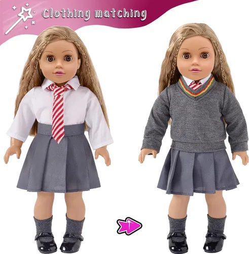 Vista 4 de Ropa y accesorios de muñeca de 18 pulgadas, el conjunto de disfraz de uniforme escolar incluye zapatos para niñas (sin muñeca)