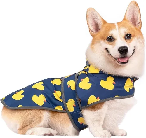 Vista 30 de Impermeable para perros pequeños y cachorros, chaqueta impermeable con capucha con tiras reflectantes, agujero para la correa y poncho de ajuste