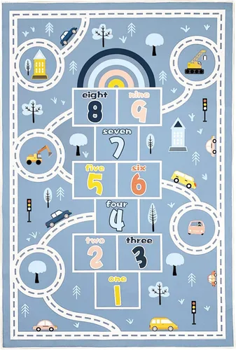 Vista 4 de Alfombra de juego para niños de 4 x 6 pies y alfombra de auto Hopscotch – Alfombra grande azul lavable para aula y preescolar para niños en edad