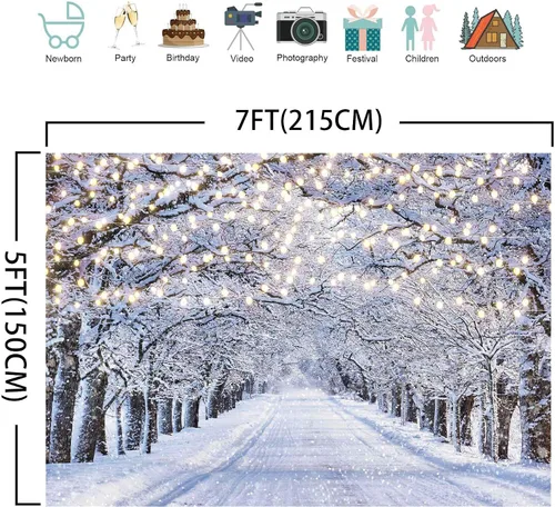 Vista 6 de Telón de Fondo Fotográfico de Escena Invernal de 7x5 Pies País de las Maravillas Copo de Nieve Brillo Nieve Paisaje Árbol Decoración Navidad Fiesta