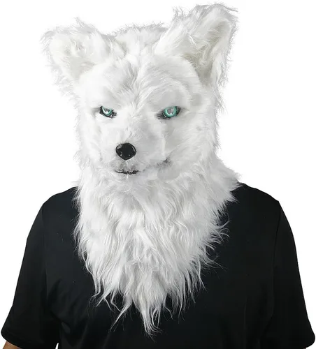 Vista 2 de Máscara de lobo de Halloween, máscara divertida de pelo blanco aterrador, mandíbula móvil realista Cabeza de animal de piel sintética de felpa