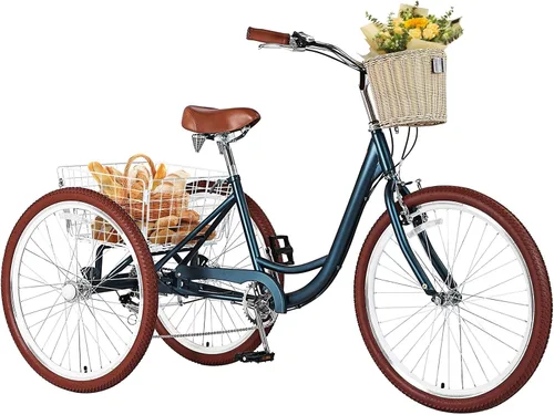 Vista 8 de Triciclos para adultos de 7 velocidades para adultos, bicicletas de 3 ruedas de 20/24/26 pulgadas con cesta delantera y trasera, triciclo