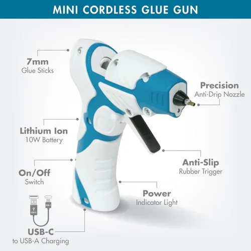 Vista 3 de Mini pistola de pegamento caliente inalámbrica Boquilla de precisión antigoteo con luz de guía LED USB-C recargable azul/blanco