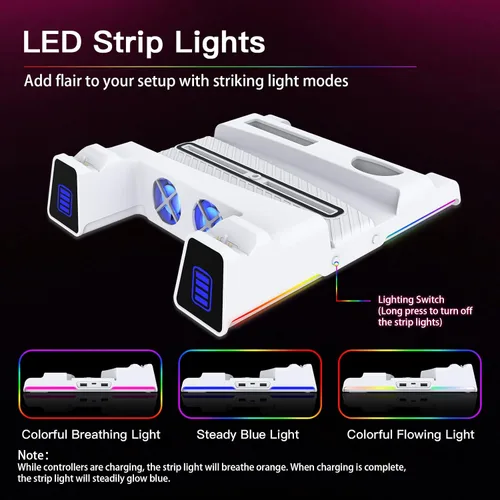 Vista 2 de NexiGo Soporte para PS5 con luz LED RGB ranura para disco duro auriculares y soportes remotos estación de carga de doble controlador para consola