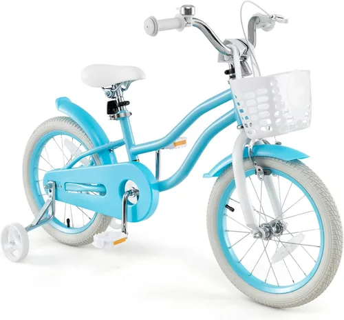 Vista 11 de HONEY JOY Bicicleta para niños de 12, 14, 16, 18, 20 pulgadas, con ruedas de entrenamiento, freno de mano y freno de posavasos, cadena totalmente