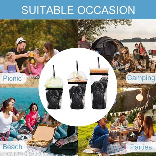 Vista 8 de Cute Black Pug Dog Reusable Insulated Neoprene Iced Coffee Cup Sleeves 3 Sizes Diving Material Cup Durable Beverage Covers for Cold Coffee Tea Drinks