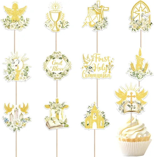 Vista 12 de 24 adornos cruzados para cupcakes con diseño de Dios bendiga y bautismo, para cupcakes de cruz, decoración de primera comunión para tartas