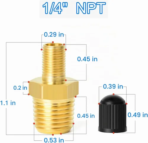 Vista 3 de Adaptador de inflador de aire de latón de 1/4 NPT (M) a válvula Schrader estándar (M), válvula de tanque, conector de inflador de neumáticos