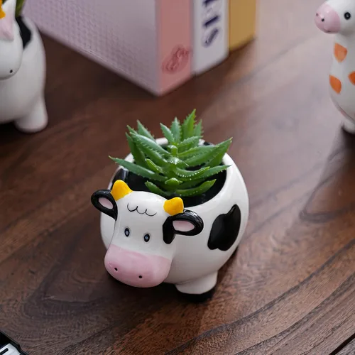 Vista 5 de Maceta de cerámica en forma de animal - Decoración única y encantadora para el hogar (vaca)