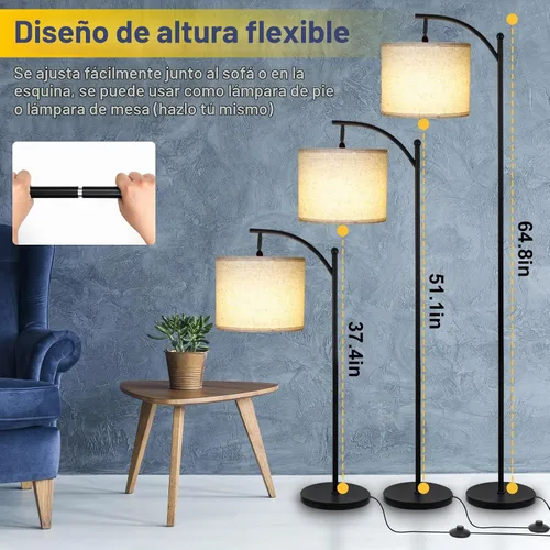 Vista 3 de LALISU Lámpara de pie moderna, lámpara de pie ajustable de 3 formas con pantalla de lino, altura ajustable, interruptor de pie, lámpara de lectura