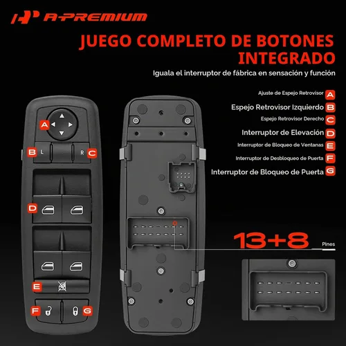 Vista 4 de A-Premium Interruptor de ventana eléctrico maestro de 8+13 pines compatible con Dodge Dart 2013-2016 y Jeep Cherokee 2014-2016 y Chrysler 200