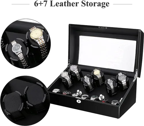 Vista 7 de Watch Winder, 6 Watch Winder Box with 7 Extra Storage, Black Wooden Shell, Watch Winder Display Case with Quiet Motor and Flexible Watch Pillows