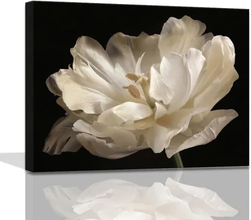 Vista 10 de Decoración de baño negro, tulipán blanco sobre fondo negro, arte moderno en lienzo para decoración de baño, arte de pared de baño, ilustraciones