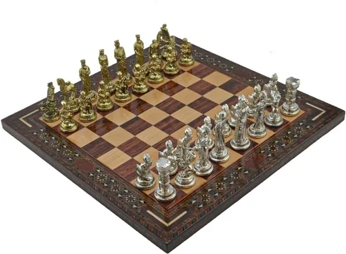 Vista 2 de Figuras históricas de Troy-Spartan - Juego de ajedrez de metal para adultos, piezas frescas hechas a mano y tablero de ajedrez de madera maciza Rosa