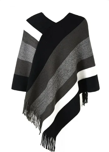 Vista 2 de Ferand - Poncho tejido elegante para mujer, con diseño de rayas y extremos con flecos