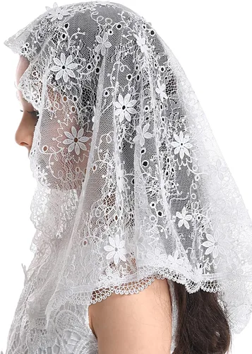 Vista 2 de Bozidol Velo de primera comunión para niñas Mantilla corta de encaje triangular capilla católica, cubierta de cabeza de misa, velo de iglesia