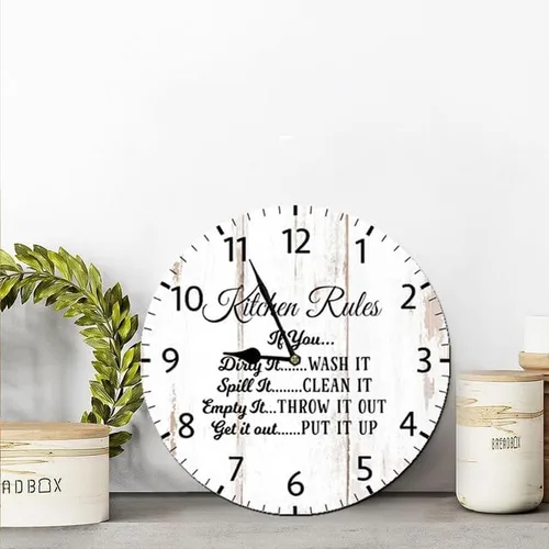 Vista 4 de Kitchen Rules - Reloj de pared de madera vintage, funciona con pilas, sin tictac, de 10 pulgadas, arte silencioso, rústico, para el hogar