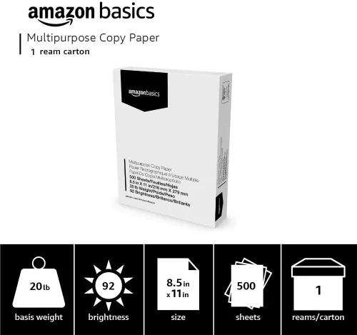 Vista 3 de Amazon Basics - Papel para impresora multiusos, 20 libras, 8.5 x 11 pulgadas, 1 resma (500 hojas), blanco, luminosidad 92 GE