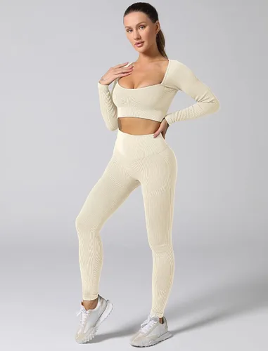 Vista 3 de ABOCIW Conjuntos de entrenamiento para mujer, sin costuras, acanalado, cuello corazón, manga larga, parte superior fruncida en los glúteos