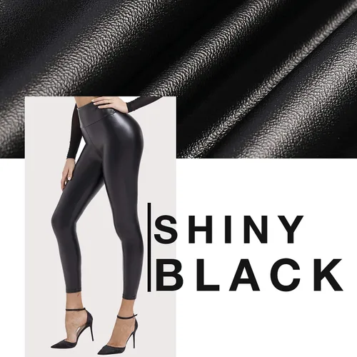 Vista 4 de BOOTY GAL Mallas femeninas de cuero sintético, medias elásticas de cintura alta