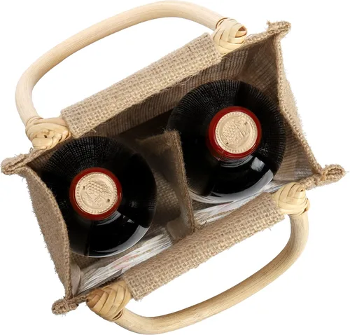 Vista 4 de Peohud Paquete de 2 bolsas de arpillera para botellas de vino, 4 botellas de yute para vino, bolsas de regalo de embalaje vintage con ventana y asa