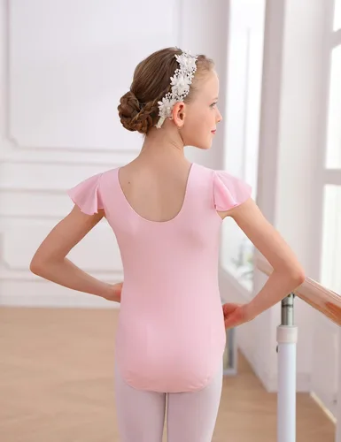 Vista 4 de Domusgo Leotardos de gimnasia de ballet con mangas con volantes para niñas y adolescentes, color rosa, negro y morado, Púrpura