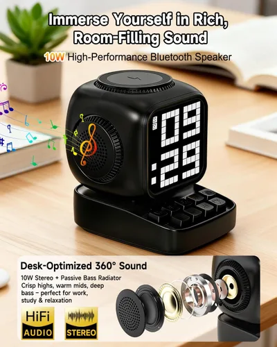 Vista 4 de Altavoz Bluetooth 5 en 1 de robot retro: cargador inalámbrico de 15 W, pantalla LED de píxeles, sonido estéreo de 10 W y 15 ruido blanco, reloj Negro