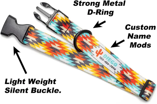 Vista 4 de Western Dog Collar Personalized with Serape Aztec Tribal Design, Soft & Comfortable Polyester With Quick Release Buckle - Custom Southwest Puppy
