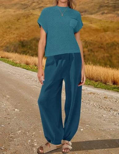 Vista 3 de ZESICA Women's 2 Piece Outfits Sweater Set Short Sleeve Mock Neck Knit Pullover Top High Waist Pant Tracksuit Lounge Sets