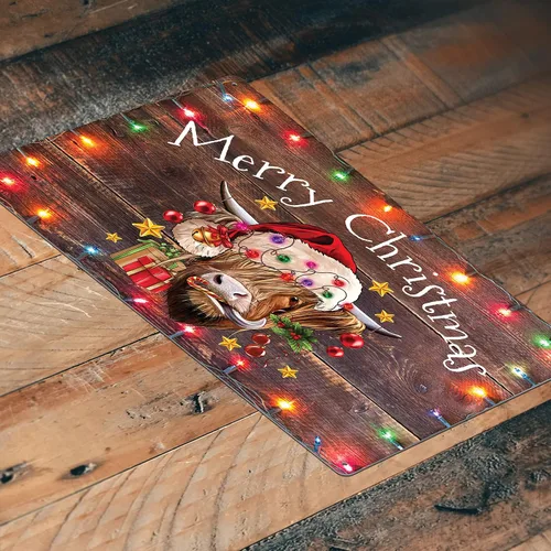 Vista 2 de Letrero de metal con diseño de vaca de Feliz Navidad de 12 x 8 pulgadas, decoración de Feliz Navidad, invierno, francés, bulldog francés, elfo