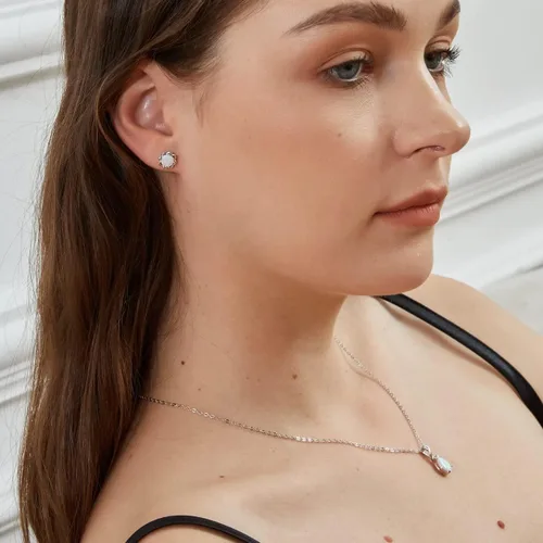 Vista 5 de Pendientes de tuerca chapados en oro blanco con ópalo de flores hipoalergénicos, regalo de joyería para mujer, Latón Gema, Piedra natal de ópalo