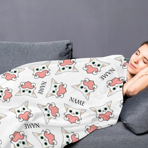 Vista 4 de Manta personalizada divertida para amantes de los gatos, manta con nombre personalizado con bonito regalo de gato para personas que aman a