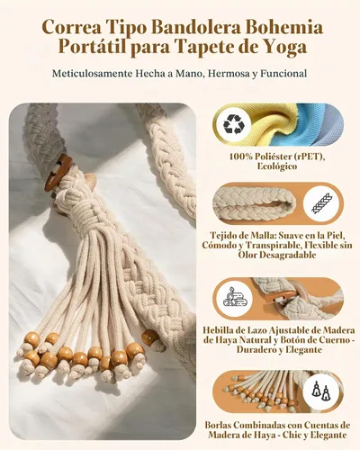 Vista 2 de Correas para esterilla de yoga para llevar, hechas a mano, trenzadas, bohemias, con borlas, correa de macramé, ajustable, gruesa, soporte