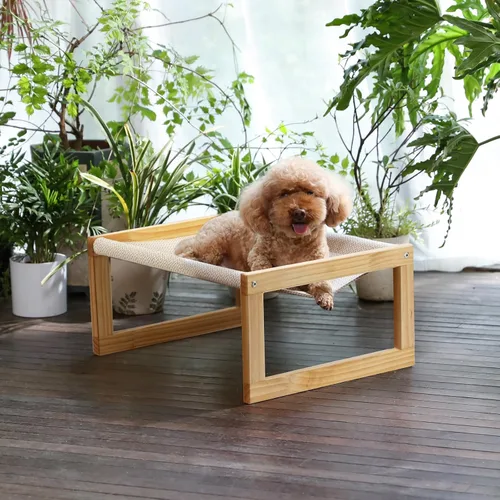 Vista 7 de FUKUMARU - Hamaca grande para gatos, cama elevada para perros en interiores y exteriores, lavable 21" Wooden Pet Beds, Breathable Linen Cat Couch
