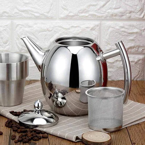 Vista 4 de Tetera para café, tetera de acero inoxidable, tetera con filtro, de gran capacidad, tetera pulida para el hogar, hotel, cafetería, bar, restaurante
