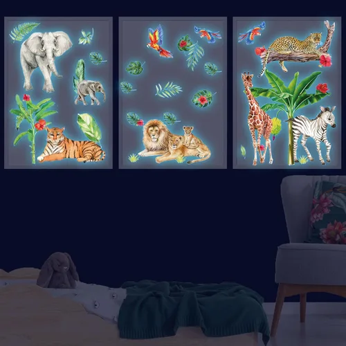 Vista 6 de Adhesivos de pared de animales de la jungla que brillan en la oscuridad, calcomanías de pared luminosas y animales del safari que se pueden quitar