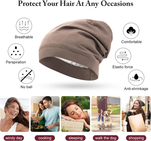 Vista 23 de 4 Pieces Satin Lined Beanie Cap Satin Sleep Lined Hat Slouchy Beanie Hat Night Silk Hair Cap for Women Men