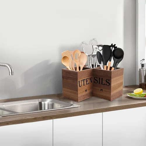 Vista 8 de Suli Soporte extra grande para utensilios de cocina con 3 compartimentos, organizador de utensilios de esquina para encimera, organizador