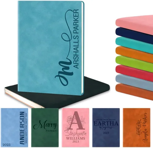 Vista 8 de Cuaderno personalizado de cuero diario con grabado con nombre y texto para mujeres y hombres, 192 páginas, regalo personalizado de cumpleaños