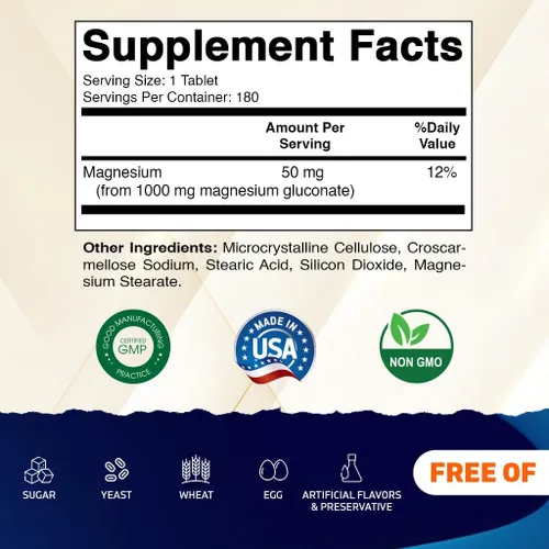 Vista 2 de Vitamatic Gluconato de magnesio 1000 mg - 180 tabletas vegetarianas (sin recubrimiento) - Apoya la salud muscular, nerviosa y cardíaca* - Paquete