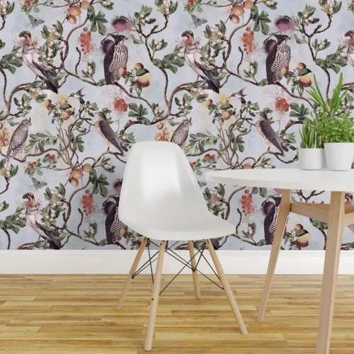 Vista 3 de Muestro de papel tapiz removible – Vintage Birds Acuarela Chinoiserie Antiqued of Prey Blue Green Gray Botánico Personalizado Papel pintado