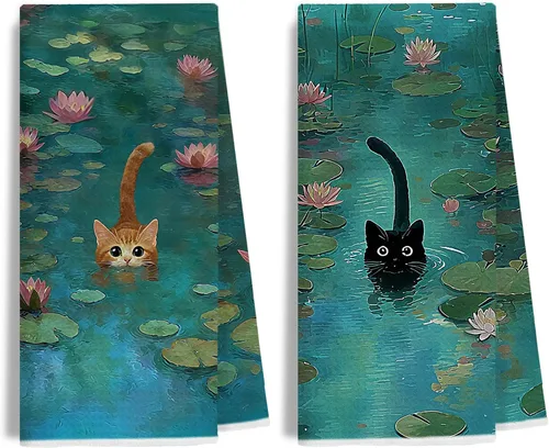Vista 10 de Juego de 2 toallas de mano de baño con esmoquin verde retro, decoración de baño de gato, toallas de mano de gatito blanco y negro para baño, 16 x 24