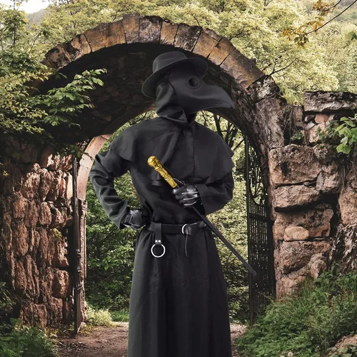 Vista 2 de ATTBEA Disfraz de Halloween compatible con médicos de la peste con máscara de pico de pájaro, bata negra con capucha
