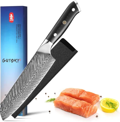 Vista 9 de Cuchillo Santoku de 7 pulgadas, cuchillos japoneses AUS-10 de cocina de acero Damasco con diseño de mango ergonómico