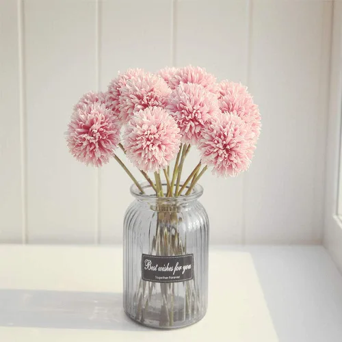Vista 10 de Mini flores artificiales de crisantemo, 10 tallos de pompón sintético para arreglos de jarrón, decoración del hogar (beige)
