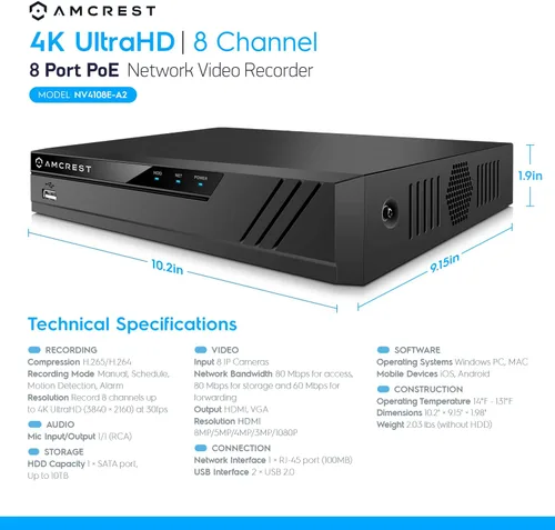 Vista 3 de Amcrest Sistema de cámara de seguridad de 5MP, 4K 8CH PoE NVR, (4) lente gran angular de 5 megapíxeles de 0.110 in resistente a la intemperie
