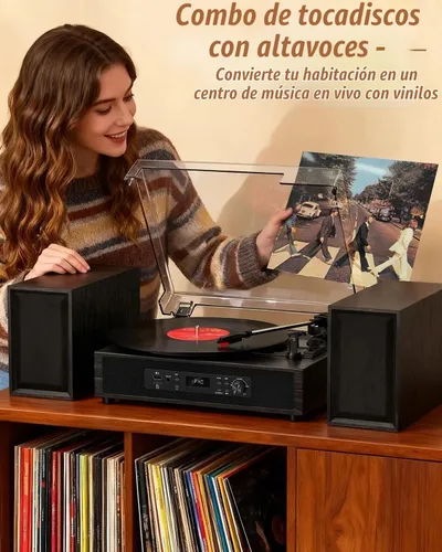 Vista 8 de Reproductor de discos de vinilo con 4+2 altavoces estéreo externos Bluetooth, tocadiscos de 3 velocidades con correa para discos de vinilo, dos