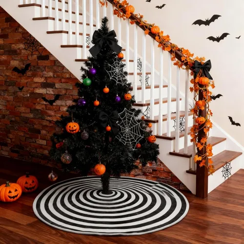 Vista 7 de Falda de árbol de Navidad en blanco y negro de 36 pulgadas, pequeña falda de terciopelo en espiral para árbol de Halloween, tapete de árbol