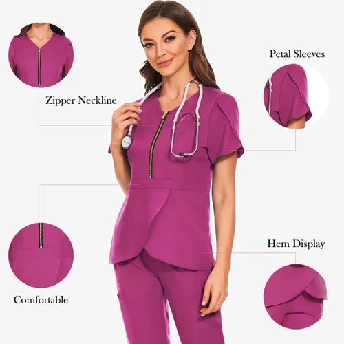 Vista 2 de VIAOLI Conjunto de ropa quirúrgica para mujer con cremallera, conjunto médico de enfermería y pantalón de enfermería, diseño moderno y sexy