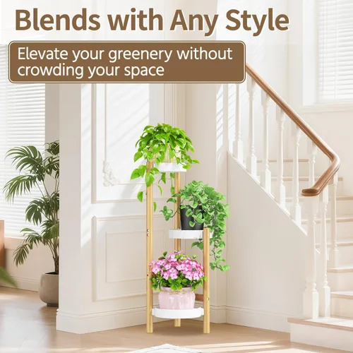 Vista 7 de LASZOLA Soporte de bambú blanco de 3 niveles resistente para plantas en interiores, estante vertical alto de múltiples niveles para esquina estrecha